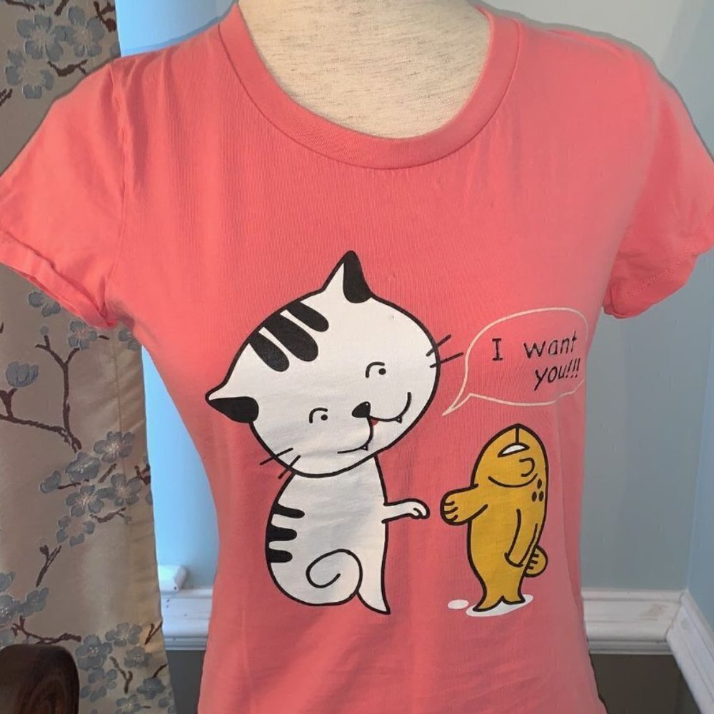 Happy Tee Cat w/Fish Pink Tee Shirt